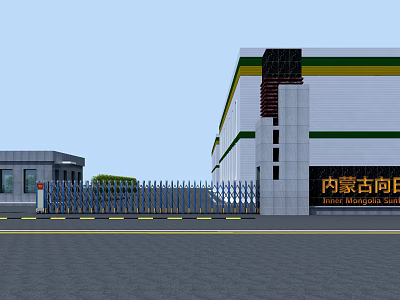 Blue Retractable Entrance Gate With Striped Exterior Black Pillars Gray Building And Green Trees 3d model