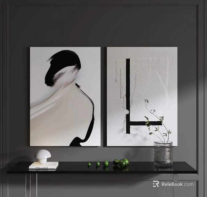 Abstract Art Paintings On Dark Wall With Decor Items 3d model
