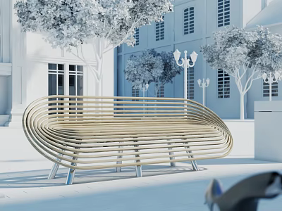 Curved Wooden Outdoor Landscape Bench In Plaza With White Buildings Trees And Street Lamps 3d model