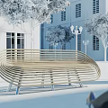 Curved Wooden Outdoor Landscape Bench In Plaza With White Buildings Trees And Street Lamps