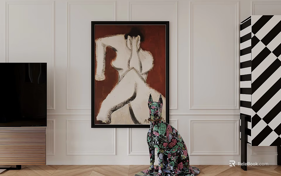 Figure Painting of Nude Female on Red Background in Modern Interior With Colorful Dog Sculpture 3d model 