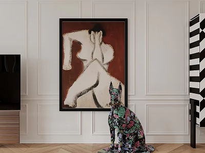 Figure Painting of Nude Female on Red Background in Modern Interior With Colorful Dog Sculpture 3d model