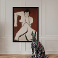 Figure Painting of Nude Female on Red Background in Modern Interior With Colorful Dog Sculpture
