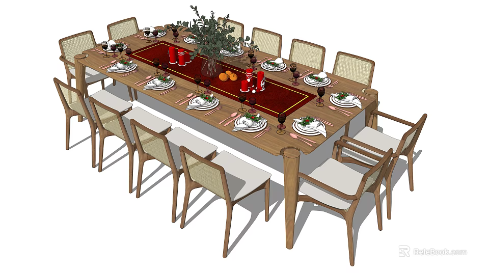 Wooden Dining Table Set With Matching Chairs Tableware And Flower Decorations 3d model