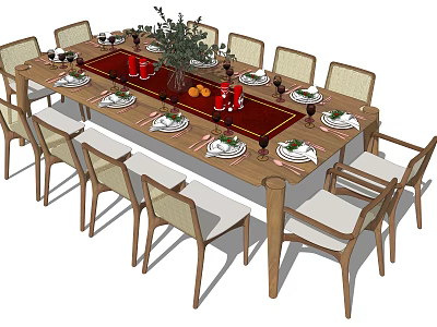 Wooden Dining Table Set With Matching Chairs Tableware And Flower Decorations 3d model