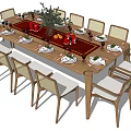 Wooden Dining Table Set With Matching Chairs Tableware And Flower Decorations 3d model