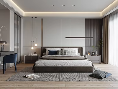 Modern Bedroom Interior With Comfortable Bed Nightstands Pendant Lights And Soft Rug 3d model