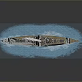 Detailed Naval Battleship Model Sailing On Blue Water Surface Emitting Smoke