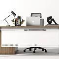Modern Office Desk Setup With Desk Lamp Books Laptop Sculpture And Chair