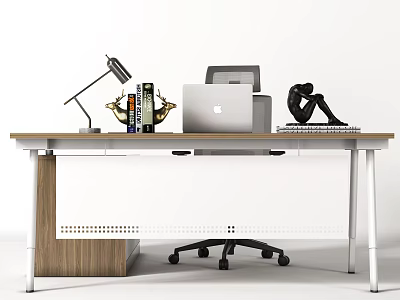 Modern Office Desk Setup With Desk Lamp Books Laptop Sculpture And Chair 3d model