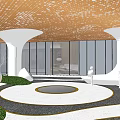 Modern Sales Office Building With Green Roof Large Glass Windows And Landscaped Central Plaza