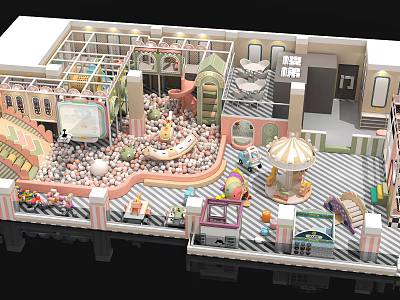 Shopping Mall Kids Play Store with Carousel Ball Pit Colorful Decor and Seating Areas 3d model
