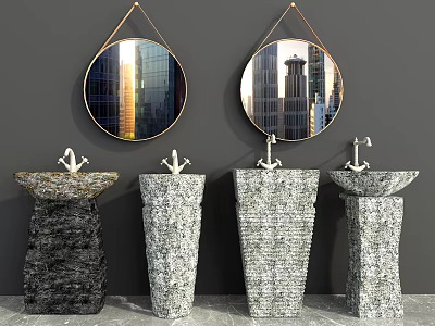Textured Stone Pedestal Washbasins With Round Mirrors And Cityscape Reflections On Gray Wall 3d model