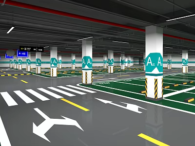 Indoor Parking Garage With Zone A Marked Columns And Directional Floor Arrows 3d model