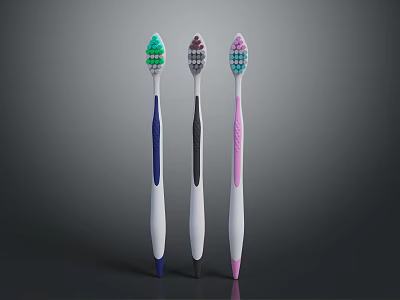 Three Different Colored Toothbrushes With White Brush Heads And Colored Bristles For Daily Use 3d model