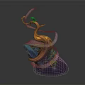 Black Bird Perched On Twisted Orange Red Branch With Blue Rocks White Streamers Purple Base
