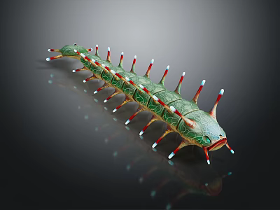 3D Rendered Green Caterpillar With Red White Spines And Patterns On Dark Background 3d model