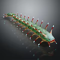 3D Rendered Green Caterpillar With Red White Spines And Patterns On Dark Background