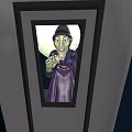 Witch In Purple Robe Standing Near Bed With Full Moon And Bats At Night