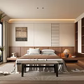 Bright Bedroom With Large Window Plant Bed Pillows Foot Bench Table Lamp Wooden Furniture And Carpet