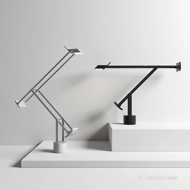 Modern Minimalist Gray And Black Desk Lamps On White Platforms With Light Background 3d model 
