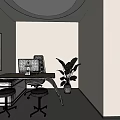 Modern Office Interior Design With Round Ceiling Light Desk Computer And Potted Plant 3d model