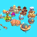 Colorful Cartoon Scene with Various Mushroom Houses Windmill and Small Elements like Trees Barrels
