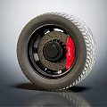 High Performance Car Tire With Black Alloy Wheel Rim Red Brake Caliper And Deep Tread Pattern