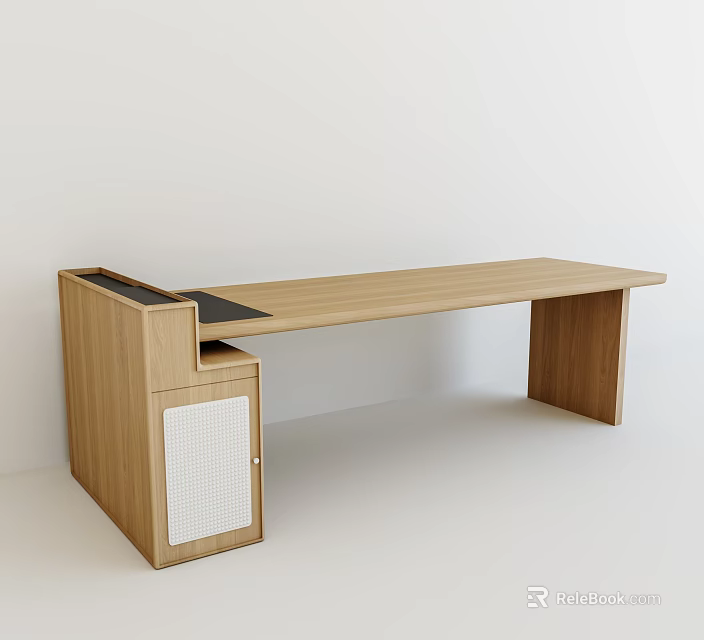 Modern Wooden Dressing Table With Long Countertop And Left Side Grid Door Cabinet 3d model 