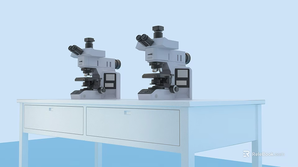 Two Medical Microscopes Placed On White Lab Table For Laboratory Research Use 3d model