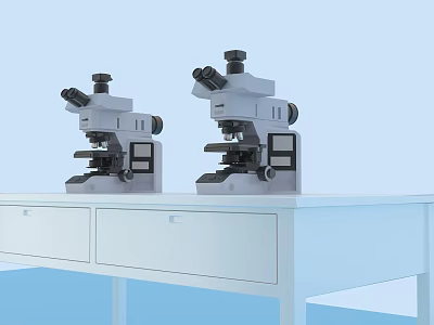 Two Medical Microscopes Placed On White Lab Table For Laboratory Research Use 3d model