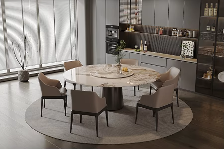 Light Luxury Home Dining Room Marble Round Dining Table and Chair Combination Leather Backrest Dining Chair Six-seat Glass Cabinet Wine Cabinet Kitchen Supplies Vase Ornaments Carpet 3d model