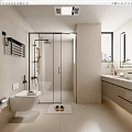 Modern Bathroom Interior Design With Glass Shower Enclosure Wall-Hung Toilet And Marble Vanity Countertop