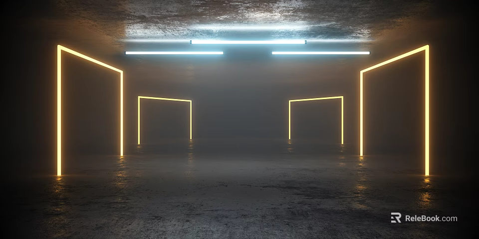 Cartoon Scene With Neon Lights And Geometric Frames In Empty Dark Floor Space 3d model 