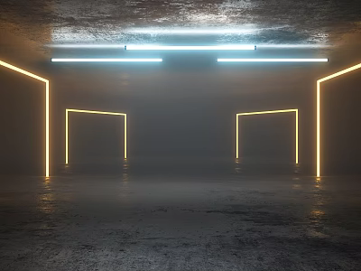 Cartoon Scene With Neon Lights And Geometric Frames In Empty Dark Floor Space 3d model