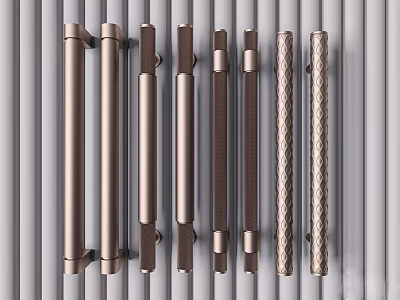Stylish Metal Door Handles In Various Designs Arranged On Gray Background 3d model