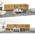 Yellow Sofa Coffee Table Set With White Bean Bag Chairs And Grey Patterned Decorative Rug 3d model