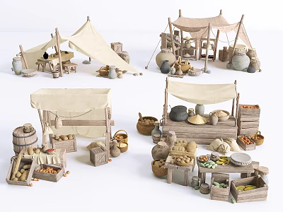 Ancient Market Stalls With Tents Clay Pots Vegetables Fruits And Wooden Barrels 3d model