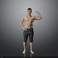 Shirtless Man Flexing Muscular Bicep In Black Shorts Against Gray Background