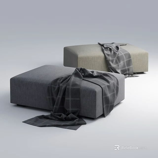 Modern Upholstered Ottomans in Gray and Beige with Plaid Blankets for Living Room 3d model 