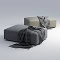 Modern Upholstered Ottomans in Gray and Beige with Plaid Blankets for Living Room