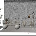Iron Art Fashion Clothing Display Rack With Decorative Plants And White Stools