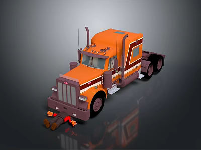 Orange Semi Truck with Large Front Grille Tall Cab Vertical Exhaust and Black Wheels 3d model