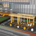Bustling Modern Commercial Street With Glass Facades Pedestrians Green Plants And Art Sculptures