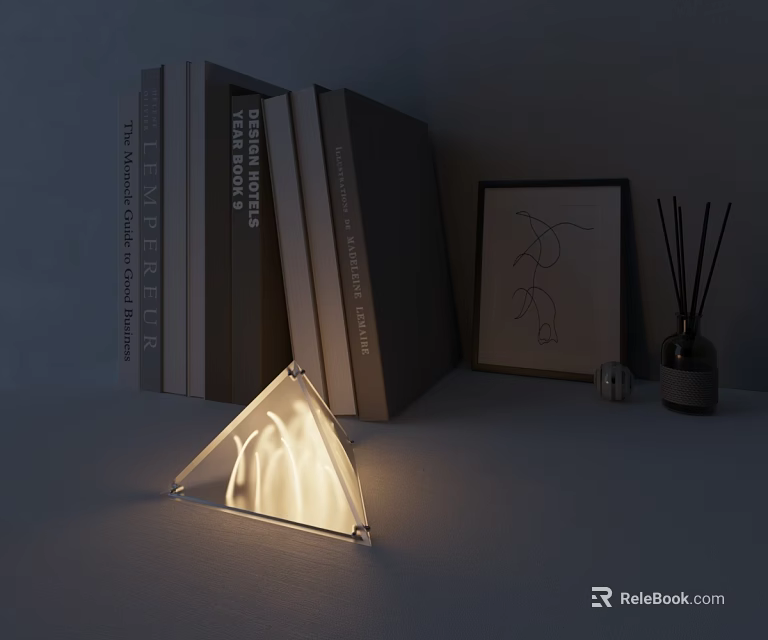 Modern Tower Shaped Lamp On Tabletop With Stacked Books Picture Frame And Reed Diffuser 3d model