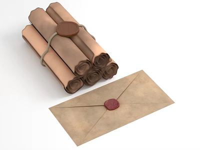 Vintage Decorative Ornament Set with Rolled Scrolls and Sealed Envelope for Home Decor 3d model