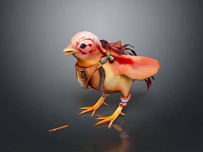 Pink Baby Chicken With Leather Gear Ornaments Sharp Claws And Feathers On Dark Background 3d model