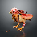 Pink Baby Chicken With Leather Gear Ornaments Sharp Claws And Feathers On Dark Background