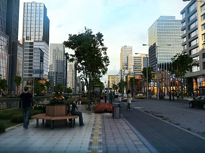 Modern Commercial Street With Tall Buildings Pedestrians Benches Trees And Vehicles 3d model