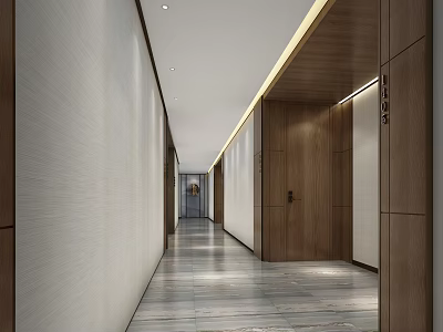 Hotel Corridor With Modern Design Wooden Walls Marble Flooring And Recessed Lighting 3d model